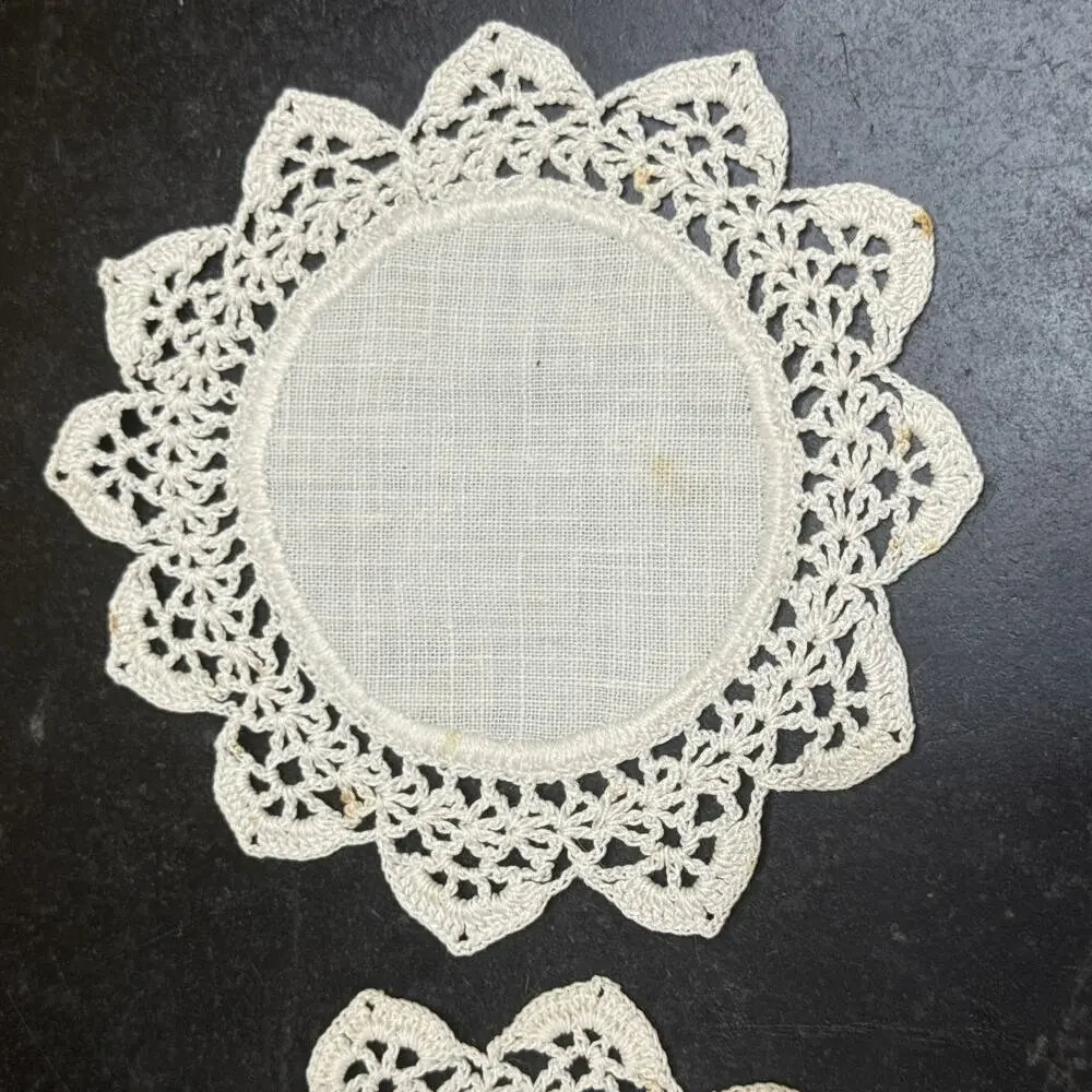 Vintage Oval Linen Crochet Lace Doily Coasters Set of 4 Flower Border